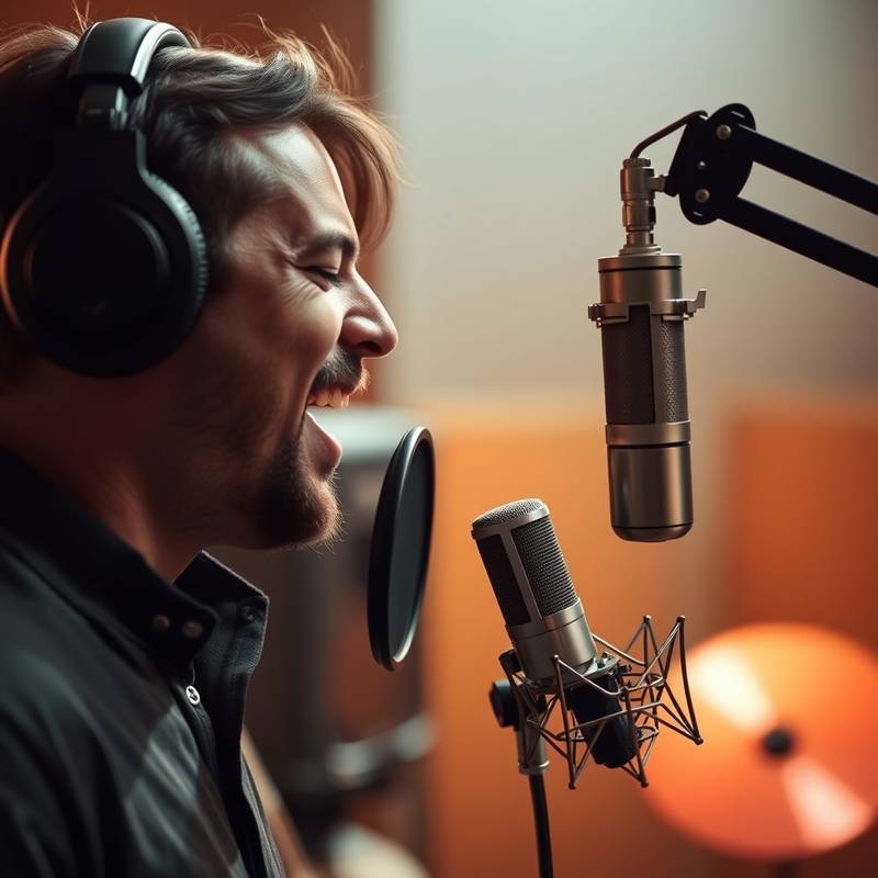 Foto de um artista gravando vocal no estúdio, com um microfone Neumann e fones de ouvido.